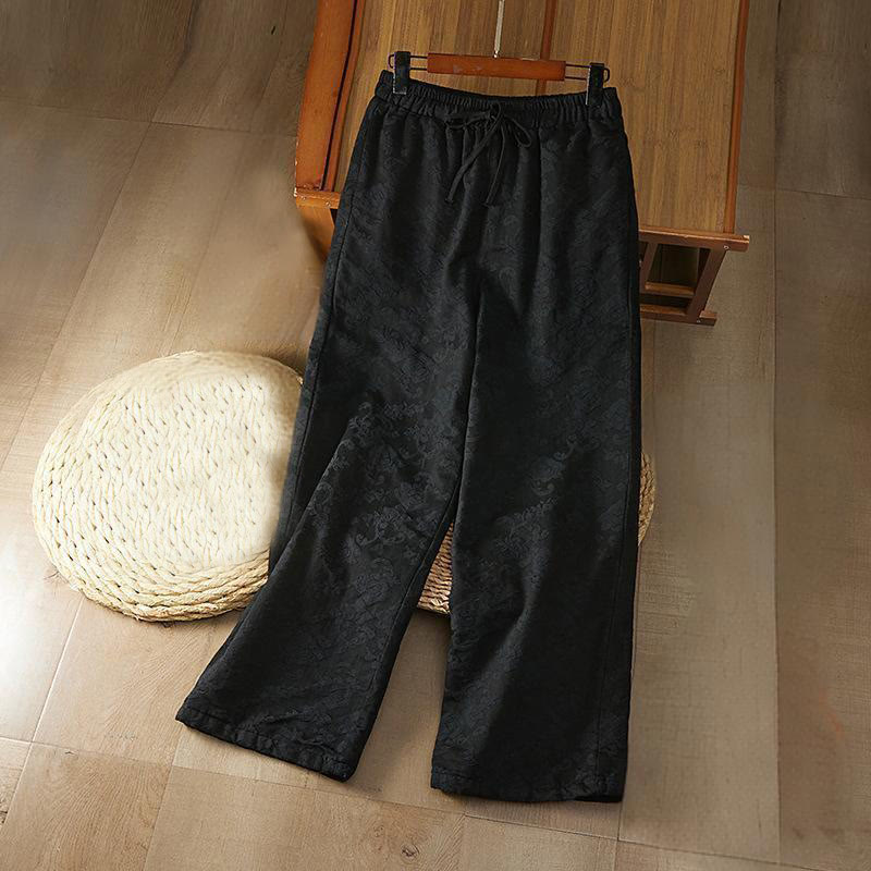 Buddha Stones Winter-Thermo-Jacquard-Blumenmuster Damen-Baumwollhose mit weitem Bein und Taschen - Schwarz - US8-10， UK/AU12-14，EU40-42 (2XL) - image 0
