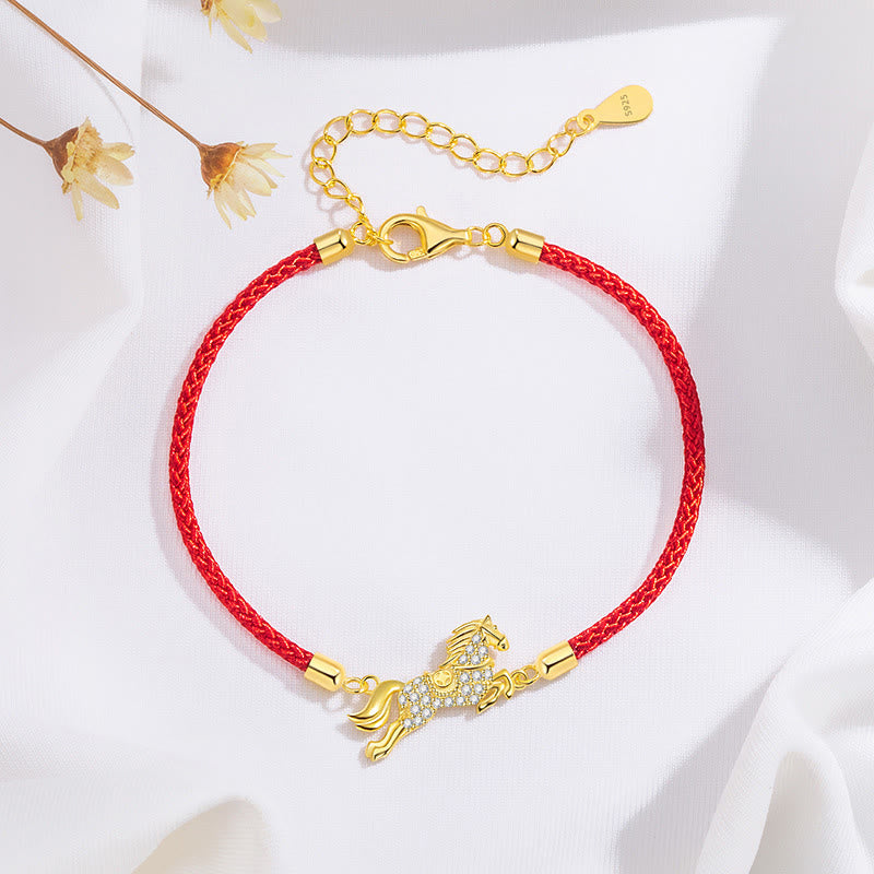 Buddha Stones Chinesisches Tierkreiszeichen Jahr des Pferdes 925 Sterling Silber Goldene rote Schnur Glücksarmband - image 4