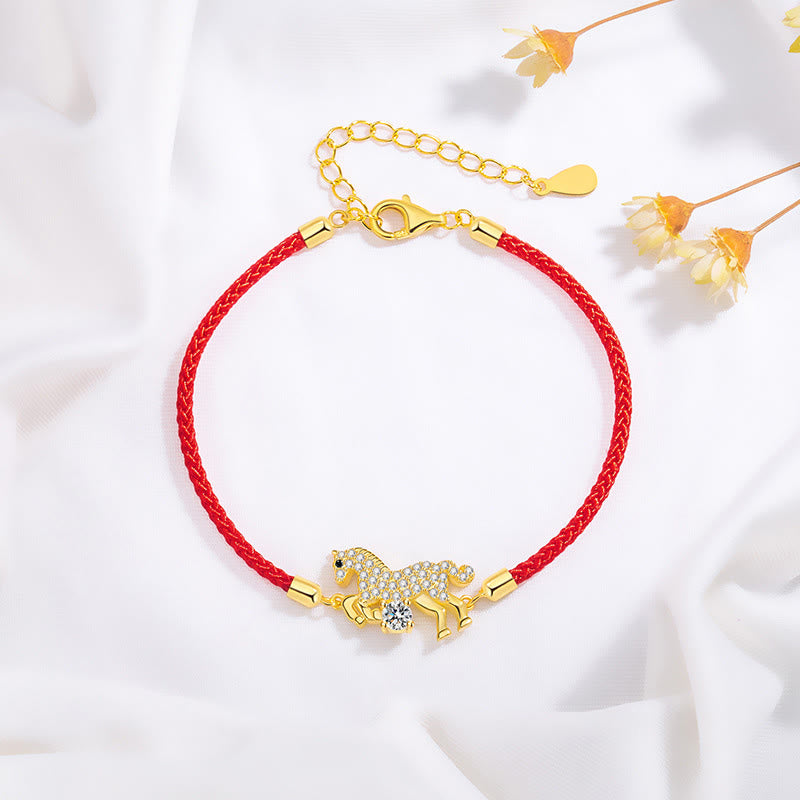 Buddha Stones 925 Sterling Silber Goldenes Jahr des Pferdes Rote Schnur Glück Verstellbares Armband - Pferd (Handgelenkumfang 14–18 cm) - image 0
