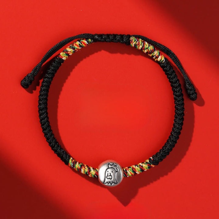 Buddha Stones 999 Sterling Silber Chinesisches Tierkreiszeichen Jahr des Pferdes Rote Schnur Stärke Geflochtenes Armband - Hahn Schwarze Schnur - image 40