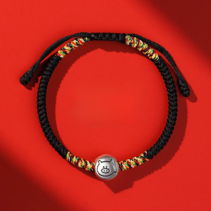 Buddha Stones 999 Sterling Silber Chinesisches Tierkreiszeichen Jahr des Pferdes Rote Schnur Stärke Geflochtenes Armband - Schwein, schwarze Schnur - image 42