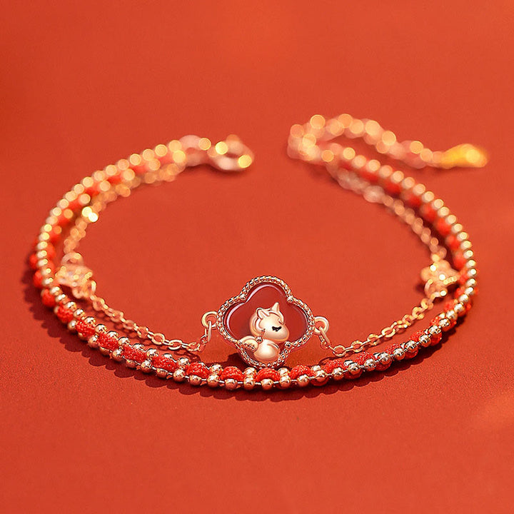 Buddha Stones 925 Sterling Silber Jahr des Pferdes Roter Achat Hetian Jade Vertrauensarmband - Roter Achat (Handgelenkumfang: 14-18 cm) - image 0