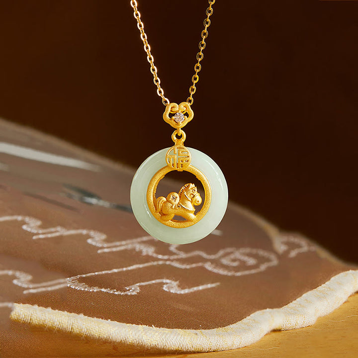 Buddha Stones 925 Sterling Silber Jahr des Pferdes Hetian Jade Friedensschnalle Glück Halskette Anhänger - image 1