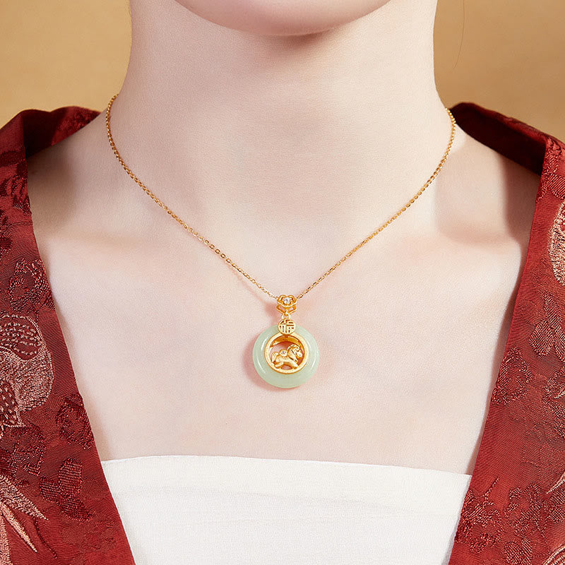 Buddha Stones 925 Sterling Silber Jahr des Pferdes Hetian Jade Friedensschnalle Glück Halskette Anhänger - image 10