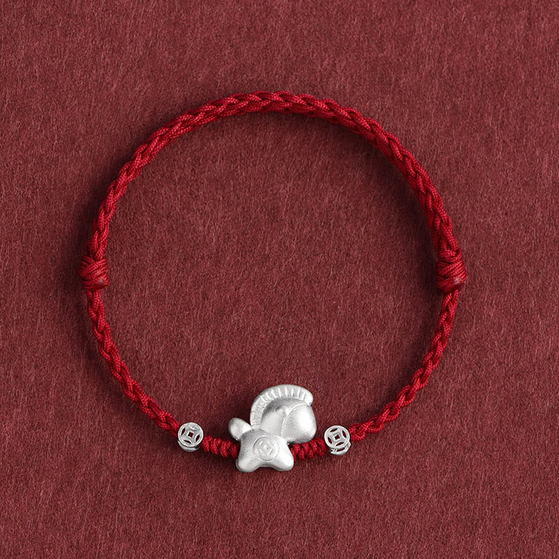 Buddha Stones Jahr des Pferdes 999 Sterling Silber Kupfermünzen Glücksseil geflochtenes Armband Fußkettchen - Dunkelrotes Fußkettchen (Umfang 17-30 cm) - image 0