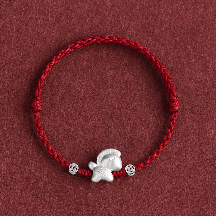 Buddha Stones Jahr des Pferdes 999 Sterling Silber Kupfermünzen Glücksseil geflochtenes Armband Fußkettchen - Dunkelrotes Fußkettchen (Umfang 17-30 cm) - image 0