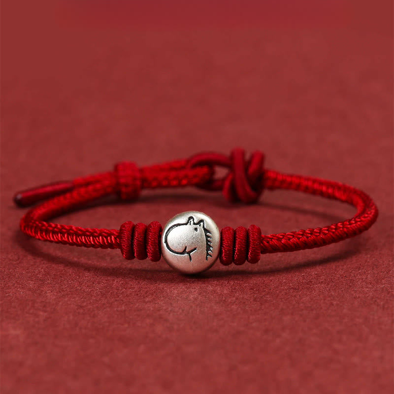 Buddha Stones Jahr des Pferdes 999 Sterling Silber Rote Schnur geflochtenes Verbindungsarmband - Pferd (Handgelenkumfang 14–18 cm) - image 0