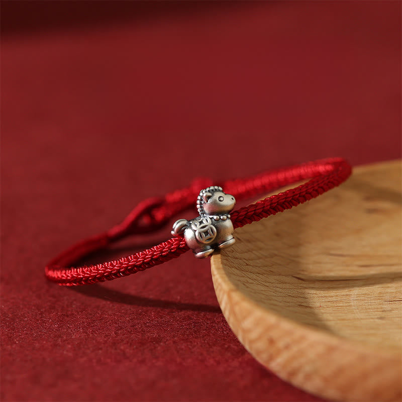 Buddha Stones Jahr des Pferdes 999 Sterling Silber Rote Schnur Kupfermünzen Geflochtenes Glücksarmband - image 1