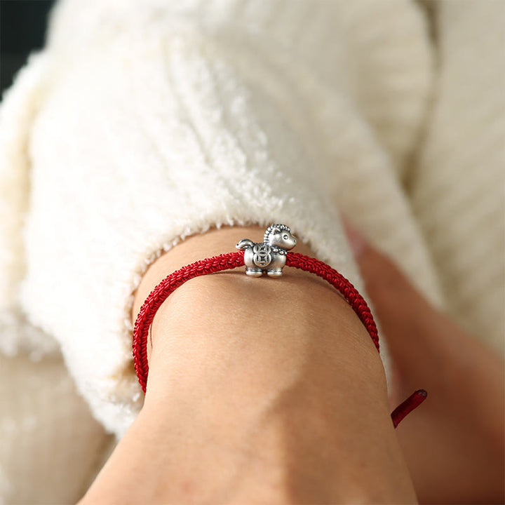 Buddha Stones Jahr des Pferdes 999 Sterling Silber Rote Schnur Kupfermünzen Geflochtenes Glücksarmband - image 4