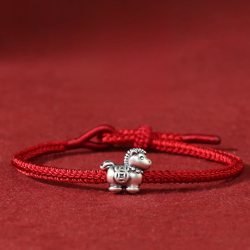 Buddha Stones Jahr des Pferdes 999 Sterling Silber Rote Schnur Kupfermünzen Geflochtenes Glücksarmband - Pferd (Handgelenkumfang 14–18 cm) - image 0