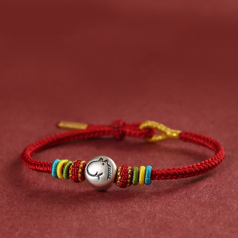 Buddha Stones Jahr des Pferdes 999 Sterling Silber Rote Schnur geflochtenes Glaubensarmband - Dunkelrot (Handgelenkumfang 14–18 cm) - image 0