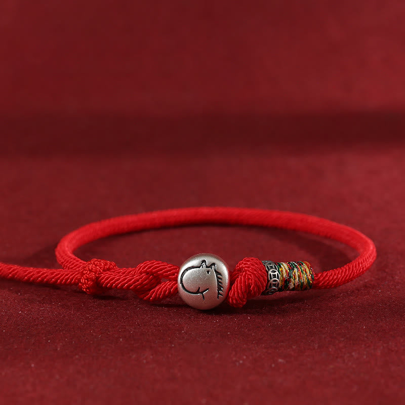 Buddha Stones Jahr des Pferdes 999 Sterling Silber Kupfermünzen Seil geflochtenes Schutzarmband - Rot - 18-20 cm - image 0