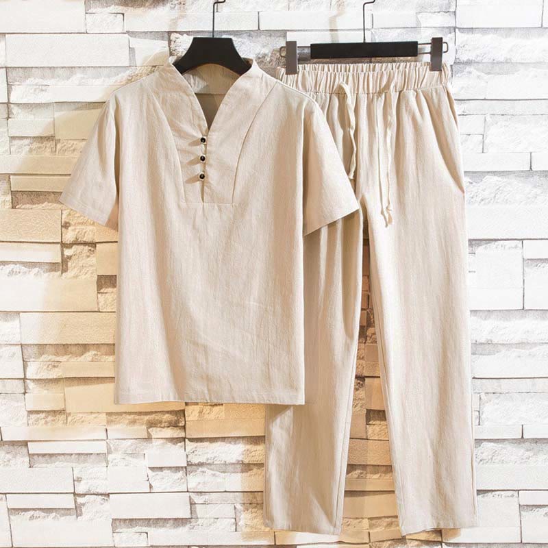Buddha Stones 2-teiliges Herren-Set mit einfarbigen Baumwollknöpfen und kurzen Ärmeln, T-Shirt und Hose - Antikweiß - US/UK/AU44, EU54 (5XL) - image 11