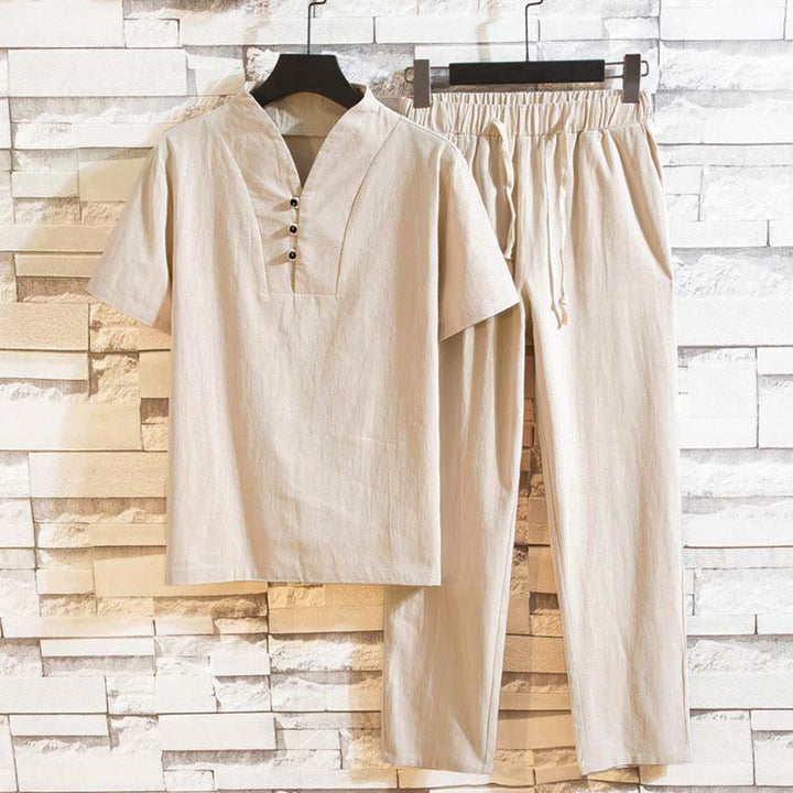 Buddha Stones 2-teiliges Herren-Set mit einfarbigen Baumwollknöpfen und kurzen Ärmeln, T-Shirt und Hose - AntikWeiß - US/ UK/AU46，EU56 (5XL) - image 11
