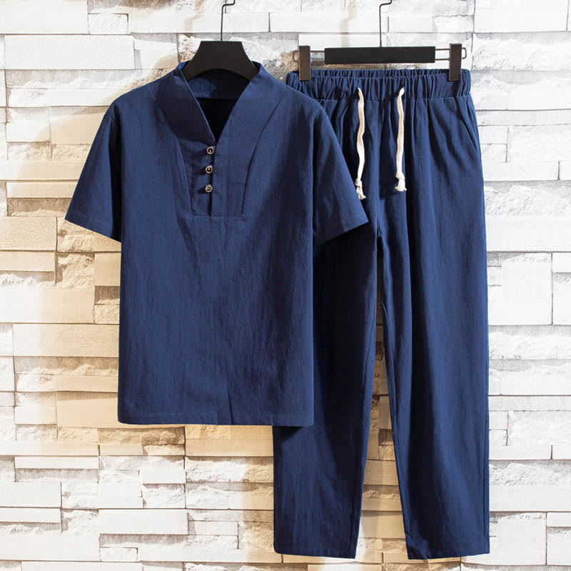 Buddha Stones 2-teiliges Herren-Set mit einfarbigen Baumwollknöpfen und kurzen Ärmeln, T-Shirt und Hose - Stahlblau - US/ UK/AU46，EU56 (5XL) - image 12