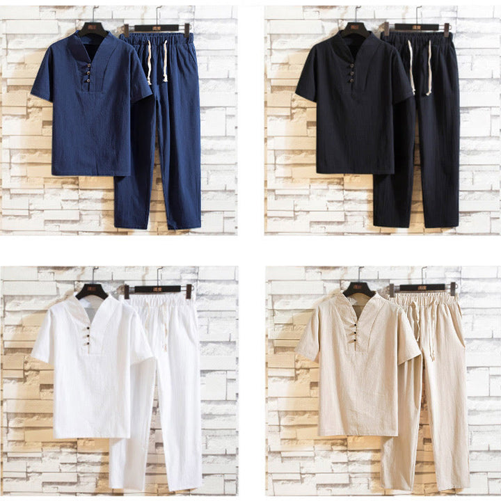 Buddha Stones 2-teiliges Herren-Set mit einfarbigen Baumwollknöpfen und kurzen Ärmeln, T-Shirt und Hose - image 13