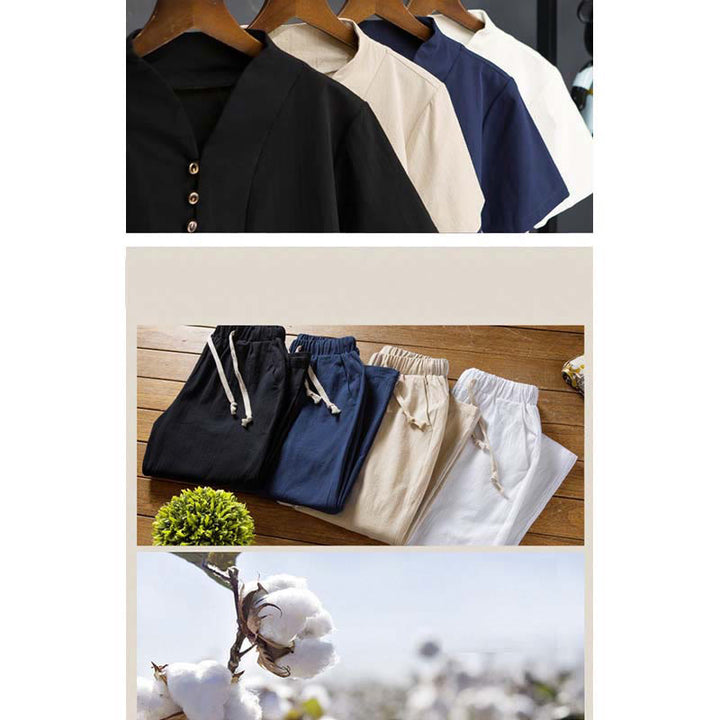 Buddha Stones 2-teiliges Herren-Set mit einfarbigen Baumwollknöpfen und kurzen Ärmeln, T-Shirt und Hose - image 14