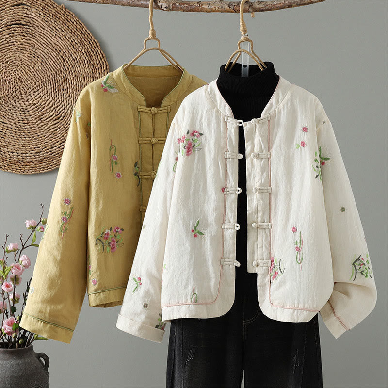 Buddha Stones Flower Embroidery Damen Langarm-Baumwolljacke mit Taschen - image 0