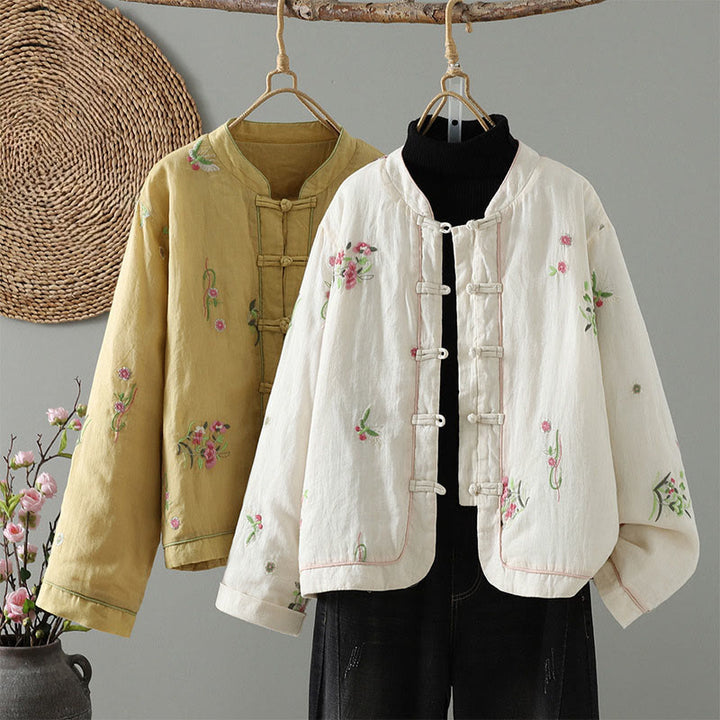 Buddha Stones Flower Embroidery Damen Langarm-Baumwolljacke mit Taschen - image 0