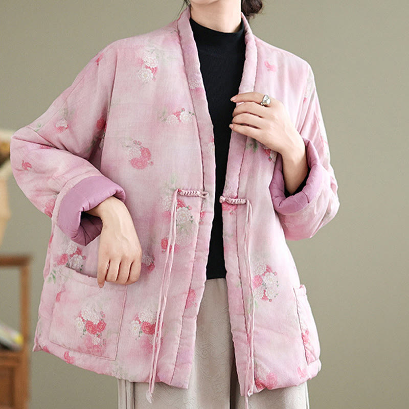 Buddha Stones Printed Flowers Damen Langarm-Baumwolljacke mit Taschen - Rosa - US12， UK/AU16，EU44 (XL) - image 0