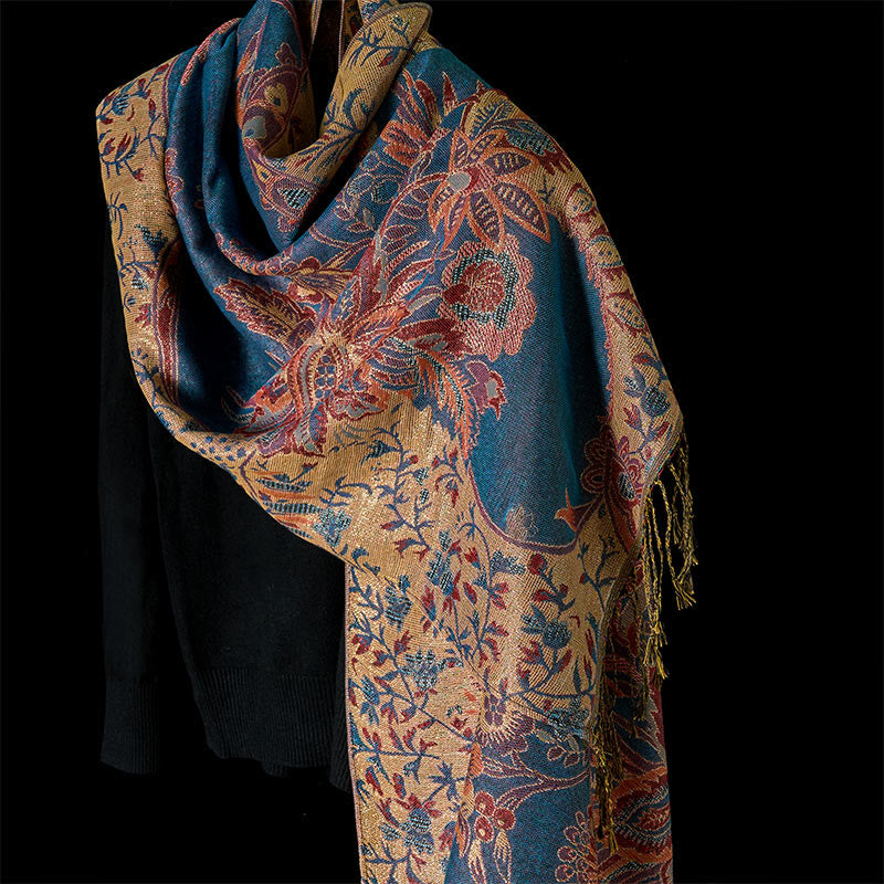 Buddha Stones ​​Frühling rote Blumen Blätter Reben Muster Quaste weicher Schal Schal - SteelBlue - 180 x 70 cm - image 0