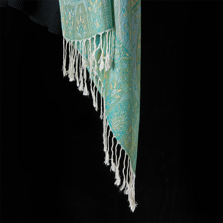 Buddha Stones Frühlingsgrün Cashew Blume Geometrisches Jacquard Muster Quaste Gemütlicher Schal Schal - image 5