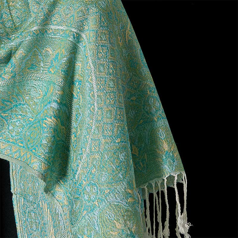 Buddha Stones Frühlingsgrün Cashew Blume Geometrisches Jacquard Muster Quaste Gemütlicher Schal Schal - image 4