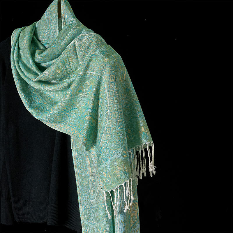 Buddha Stones Frühlingsgrün Cashew Blume Geometrisches Jacquard Muster Quaste Gemütlicher Schal Schal - Hellgrün - 184*71cm - image 0