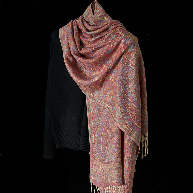 Buddha Stones ​​Frühling Rot Rosa Cashew Blume Geometrische Streifen Muster Quaste Gemütlicher Schal Schal - image 7
