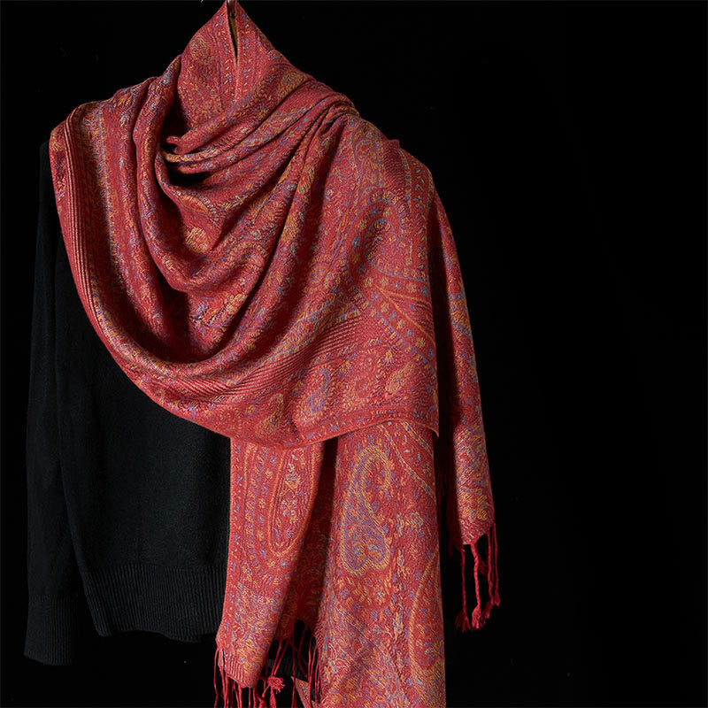 Buddha Stones ​​Frühling Rot Rosa Cashew Blume Geometrische Streifen Muster Quaste Gemütlicher Schal Schal - Tomate - 170*70cm - image 0