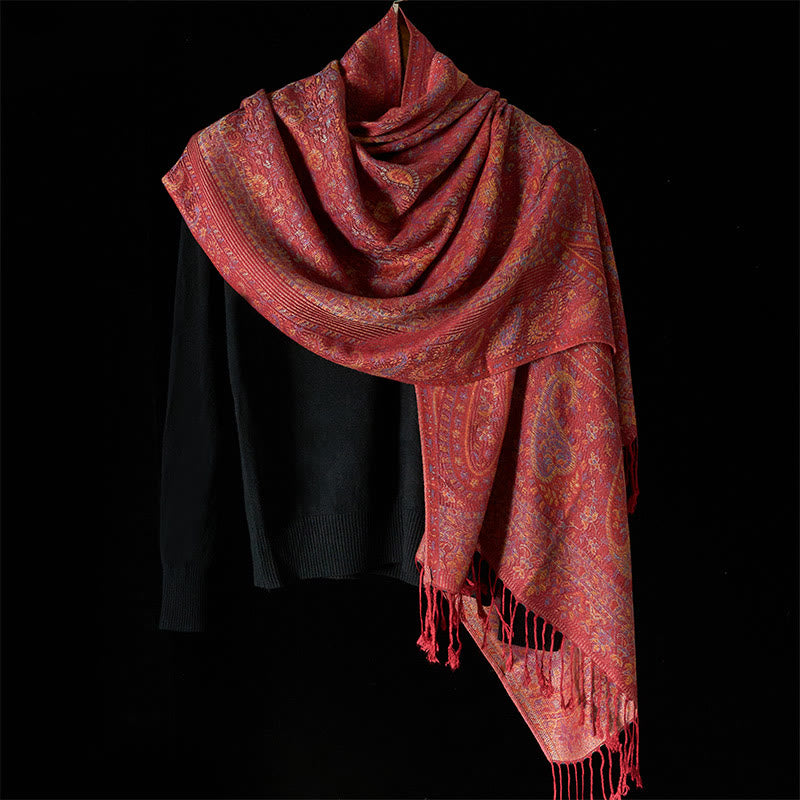 Buddha Stones ​​Frühling Rot Rosa Cashew Blume Geometrische Streifen Muster Quaste Gemütlicher Schal Schal - image 1