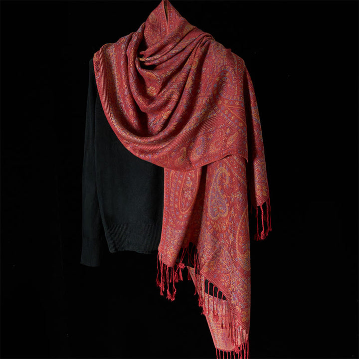 Buddha Stones ​​Frühling Rot Rosa Cashew Blume Geometrische Streifen Muster Quaste Gemütlicher Schal Schal - image 2