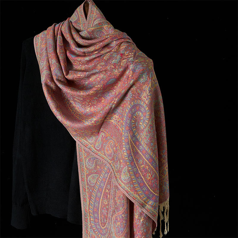 Buddha Stones ​​Frühling Rot Rosa Cashew Blume Geometrische Streifen Muster Quaste Gemütlicher Schal Schal - Hellrosa - 170*70cm - image 5
