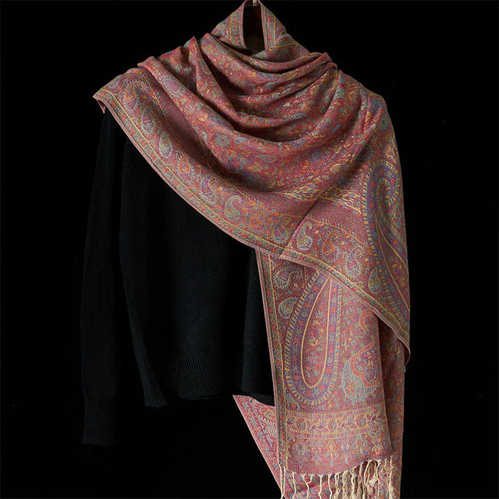 Buddha Stones ​​Frühling Rot Rosa Cashew Blume Geometrische Streifen Muster Quaste Gemütlicher Schal Schal - image 6