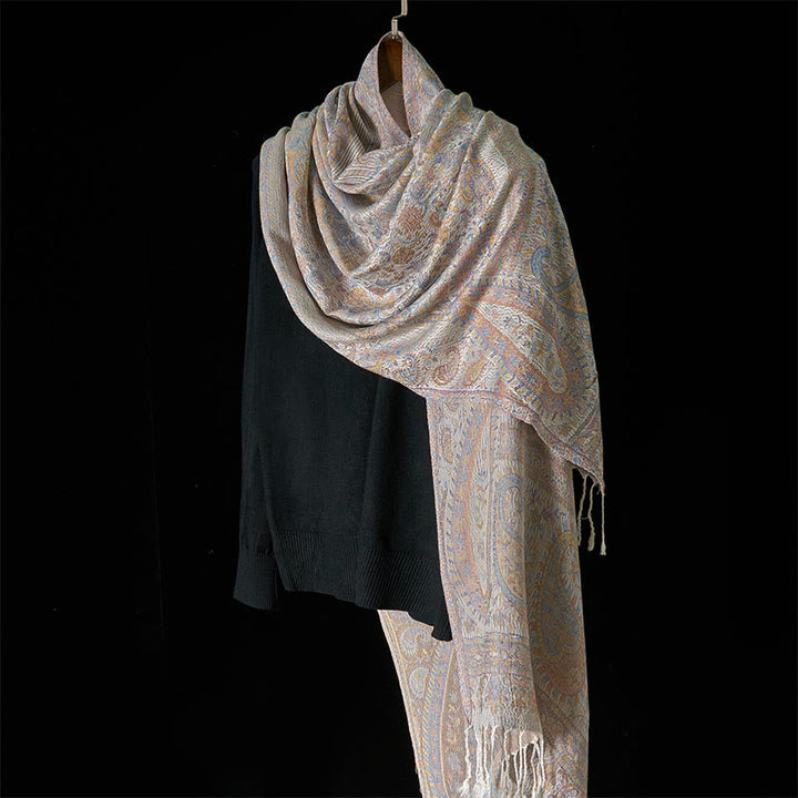 Buddha Stones Frühling Hellrosa Beige Cashew Blume Geometrische Streifen Muster Quaste Gemütlicher Schal Schal - image 8