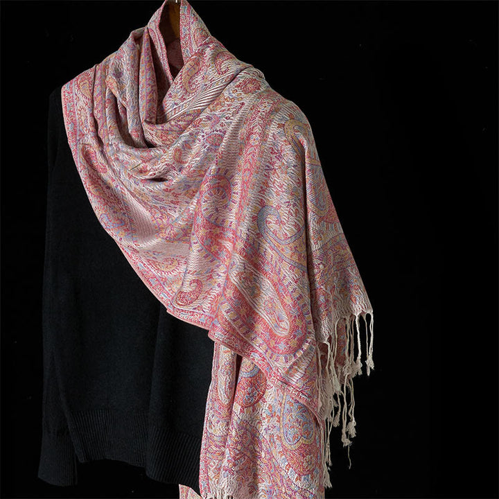 Buddha Stones Frühling Hellrosa Beige Cashew Blume Geometrische Streifen Muster Quaste Gemütlicher Schal Schal - Hellrosa - 170 x 70 cm - image 0