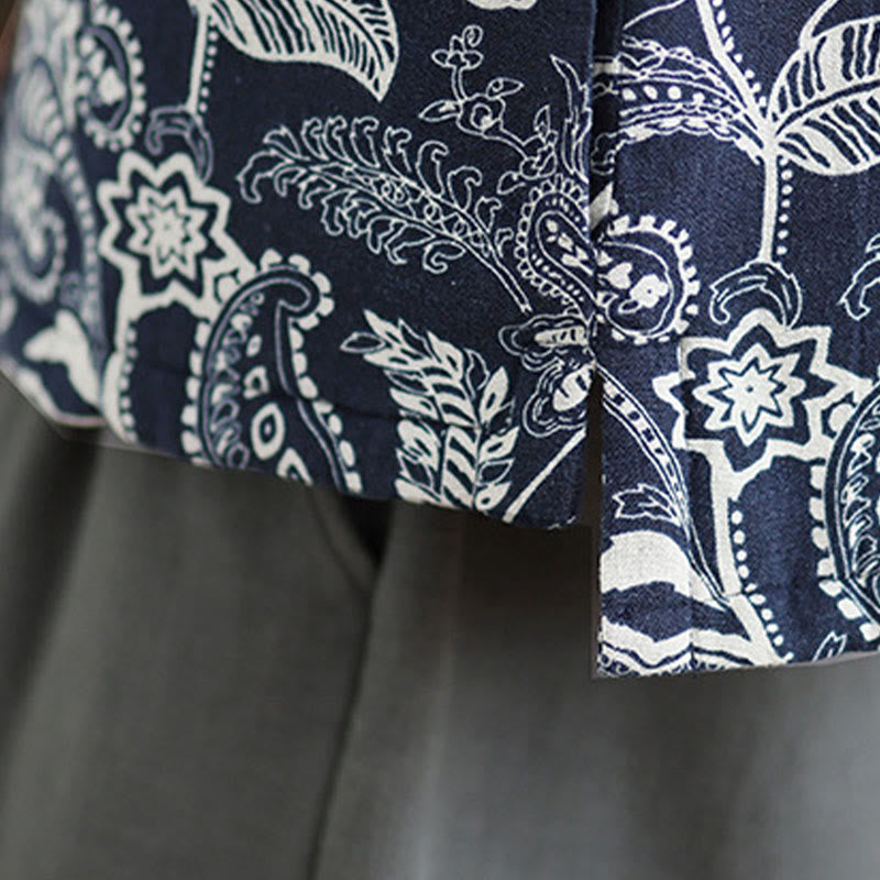 Buddha Stones Pflanzenmuster Froschknopf Damen ärmellose Baumwollweste mit Taschen - image 7