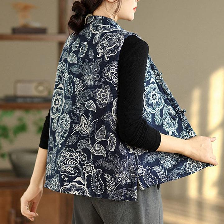 Buddha Stones Pflanzenmuster Froschknopf Damen ärmellose Baumwollweste mit Taschen - image 4