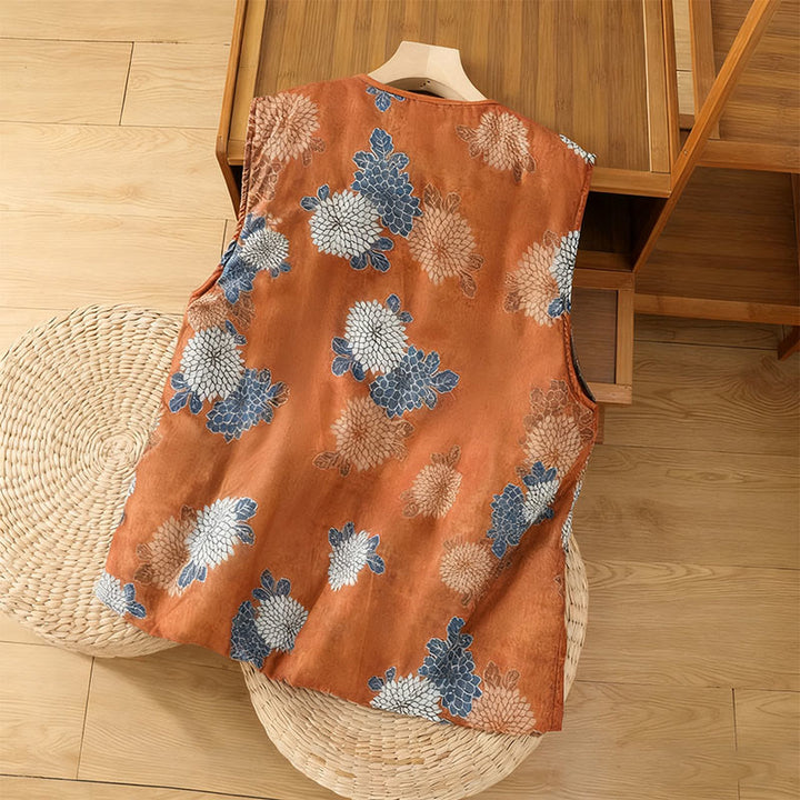 Buddha Stones Blumendrucke Knöpfe Ärmellose Baumwollweste für Damen mit Taschen - image 1