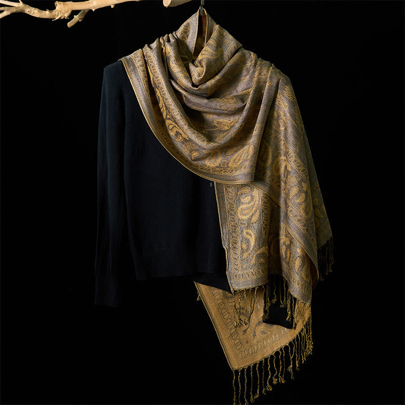 Buddha Stones Spring Dark Khaki Cashew Flower Leaves Muster Quaste Weicher Schal Schal - image 1