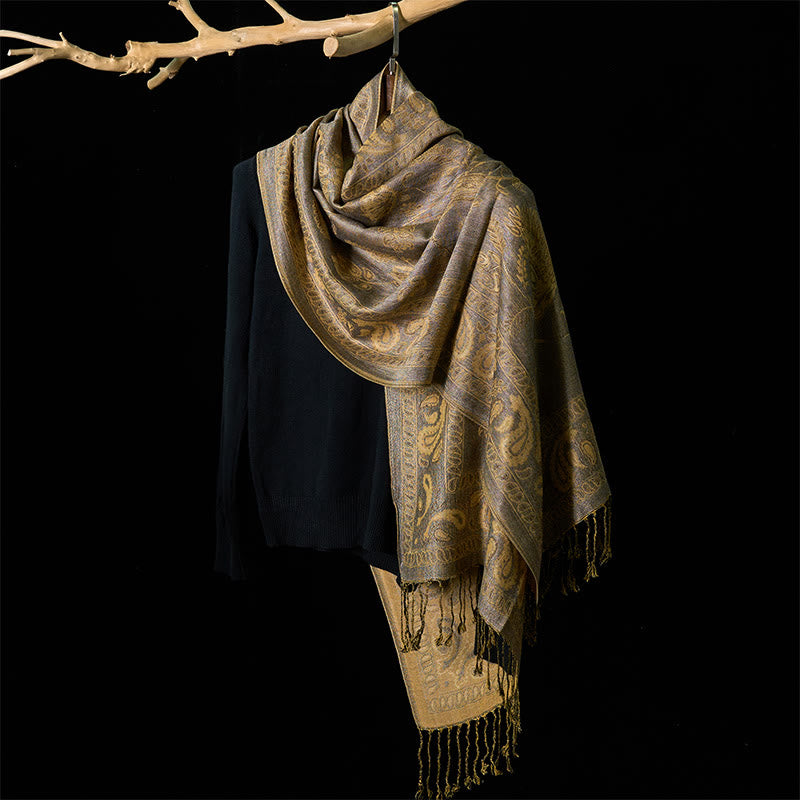 Buddha Stones Spring Dark Khaki Cashew Flower Leaves Muster Quaste Weicher Schal Schal - image 2