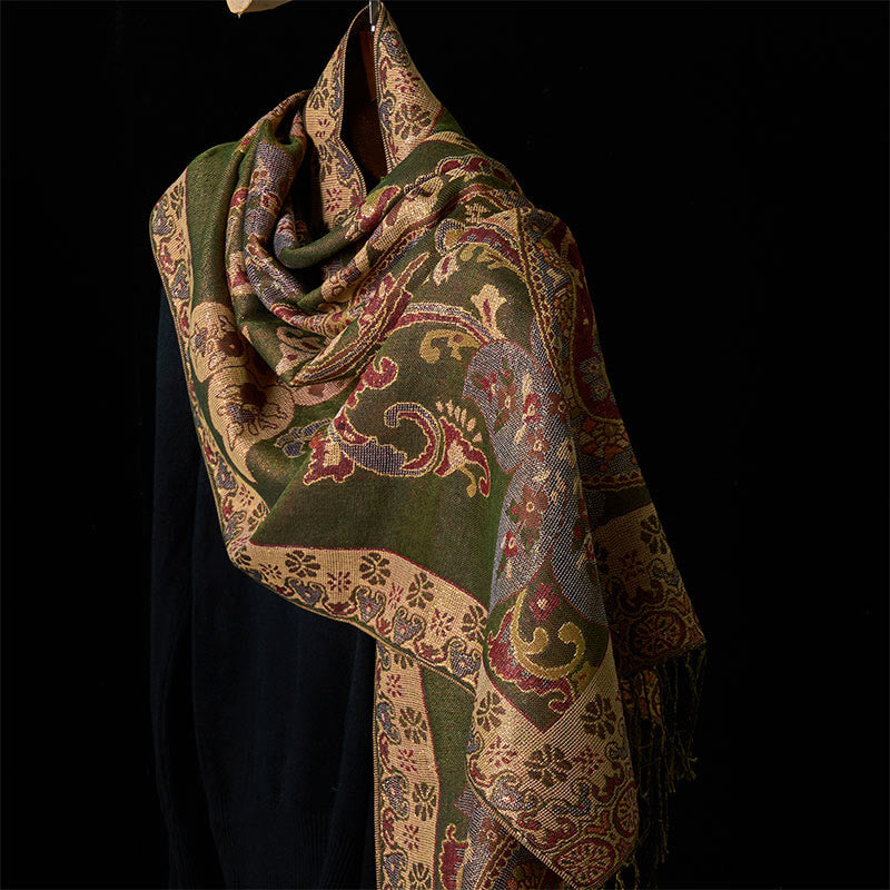 Buddha Stones ​​Frühling Cashew Blumen Kreis Geometrie Muster Quaste Gemütliche Schal Schal - Olive - 176 x 70 cm - image 0
