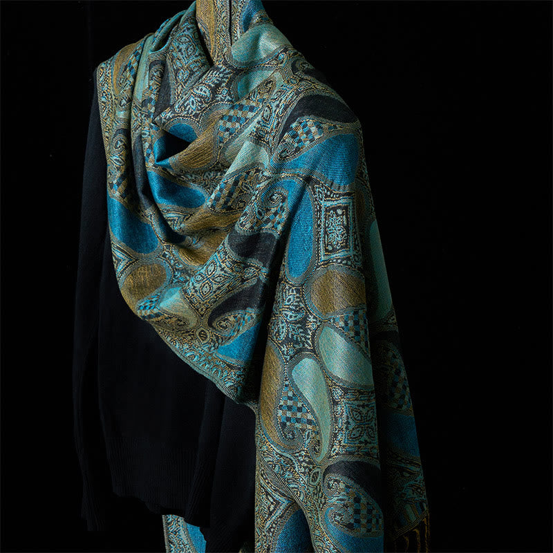 Buddha Stones ​​Herbst Cashew Blume Geometrie Muster Quaste Gemütlicher Schal Schal - Kadettenblau - 175 x 70 cm - image 0
