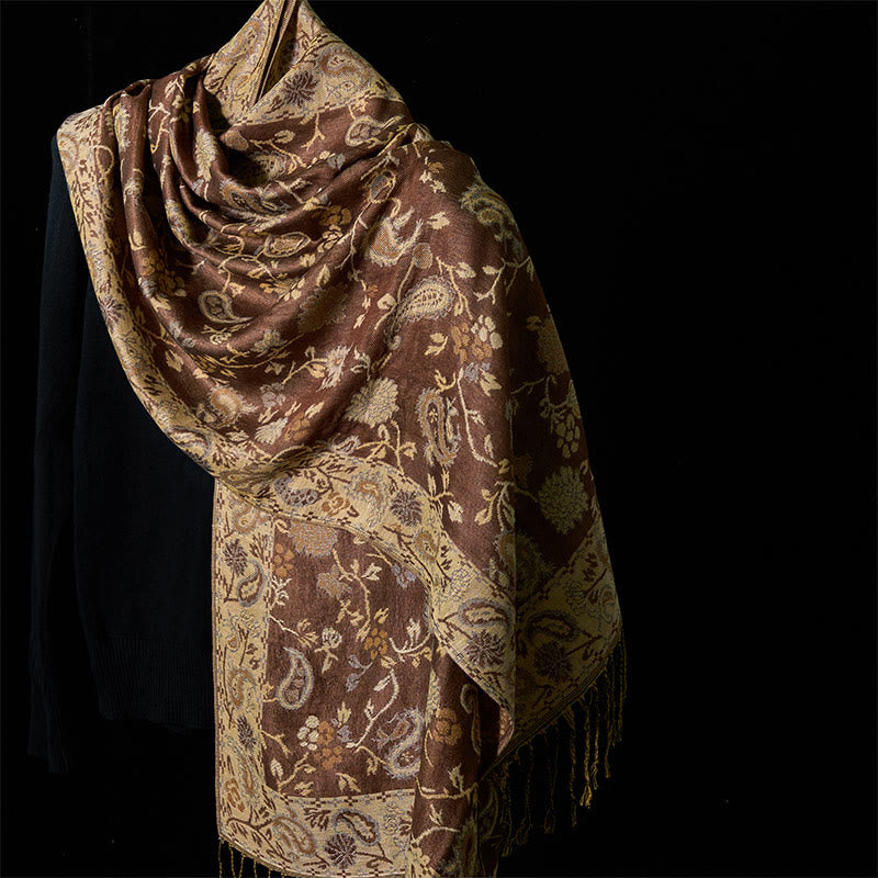 Buddha Stones Frühling Cashew Blume Blumenmuster Quaste Weicher Schal Schal - Dunkelgoldenes Strauchholz 180 x 70 cm - image 0