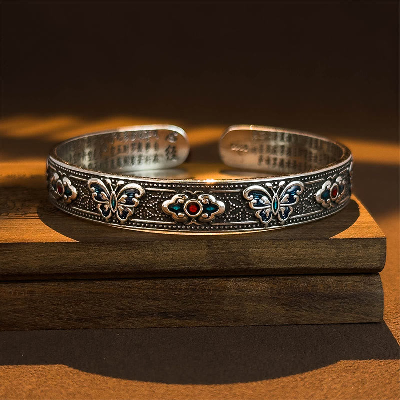 Buddha Stones ​​Herz Sutra Schmetterling Kupfer Emaille Heilung Offenes verstellbares Armband Armreif - image 1