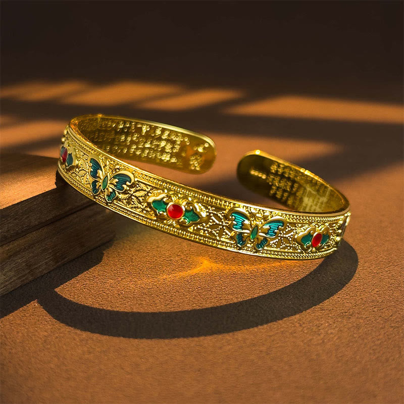 Buddha Stones ​​Herz Sutra Schmetterling Kupfer Emaille Heilung Offenes verstellbares Armband Armreif - Golden - image 7