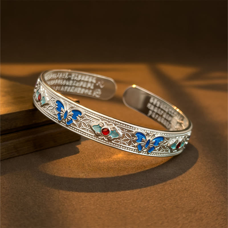 Buddha Stones ​​Herz Sutra Schmetterling Kupfer Emaille Heilung Offenes verstellbares Armband Armreif - Silbrig - image 6