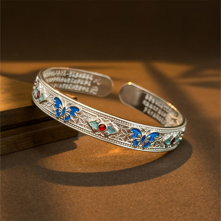 Buddha Stones ​​Herz Sutra Schmetterling Kupfer Emaille Heilung Offenes verstellbares Armband Armreif - Silbrig - image 6