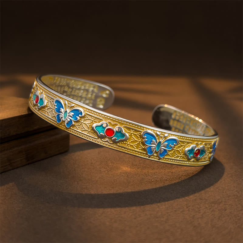 Buddha Stones ​​Herz Sutra Schmetterling Kupfer Emaille Heilung Offenes verstellbares Armband Armreif - Goldener und silberner Rand - image 8