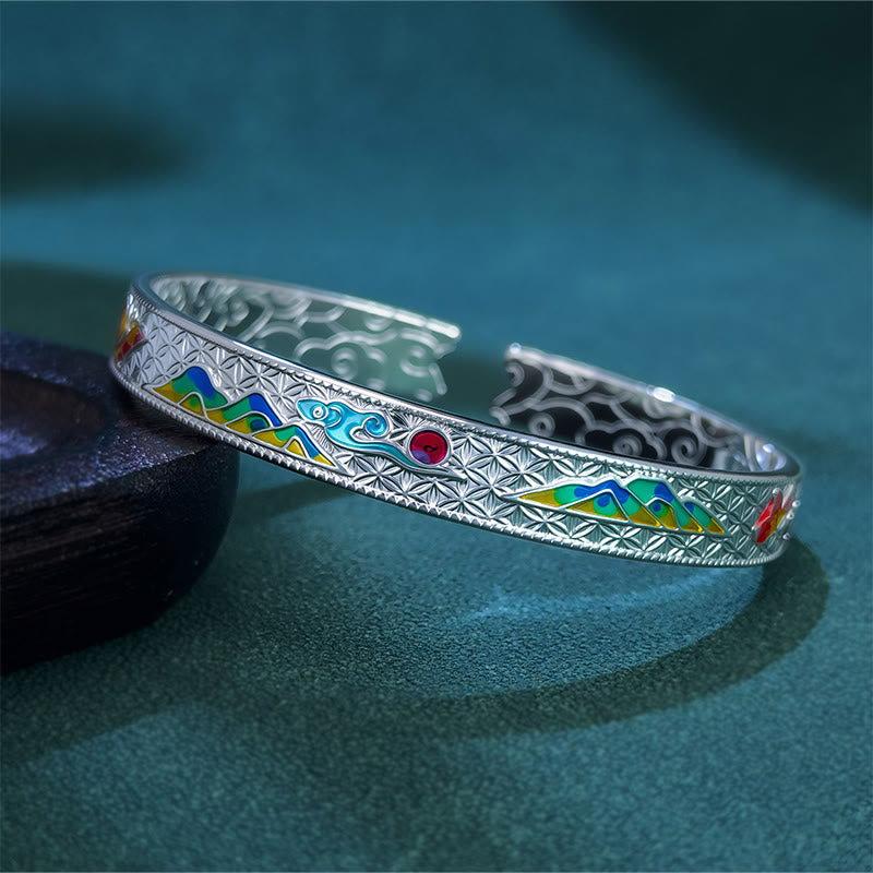Buddha Stones ​​Sonne Schmetterling Muster Kupfer Emaille Liebe Offene Einstellbare Armband Armreif - Silbrig - image 5